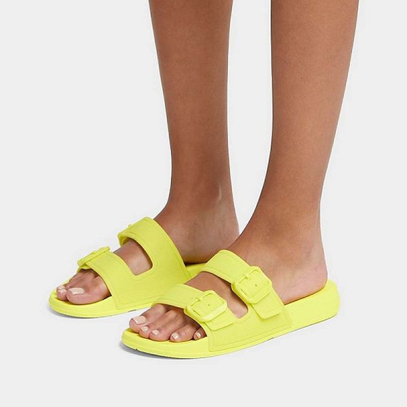 Light Green Women's FitFlop Iqushion Glow In The Dark Two Bar Buckle Slides | 308WOUFHI