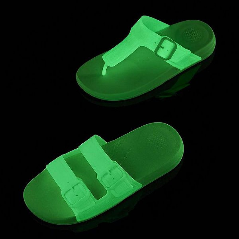 Light Green Women's FitFlop Iqushion Glow In The Dark Adjustable Buckle Flip Flops | 643PUWFAX