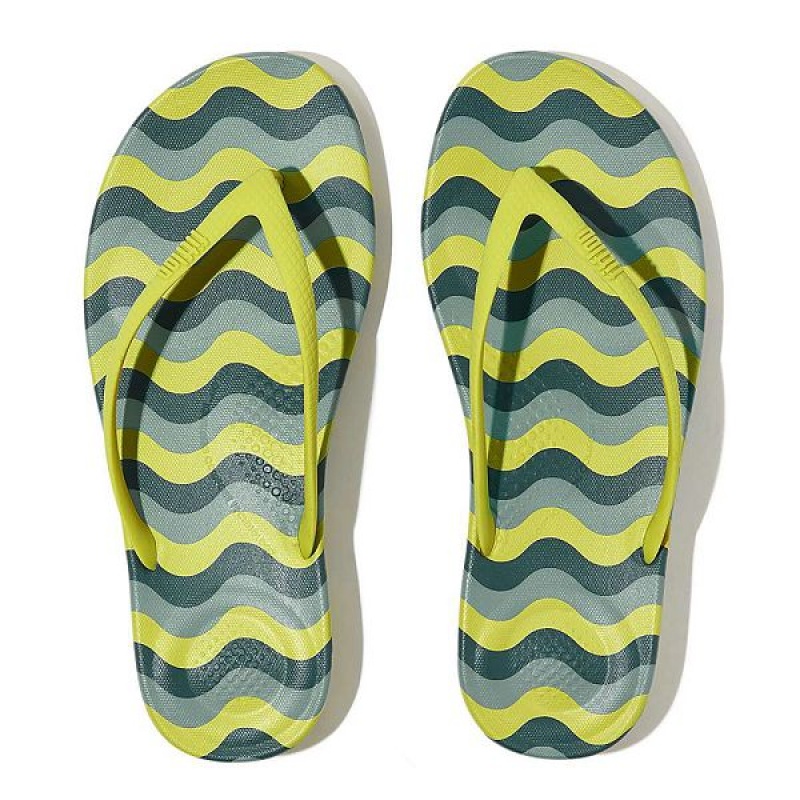 Light Green Women's FitFlop Iqushion Wave Print Ergonomic Flip Flops | 768DMLZTJ