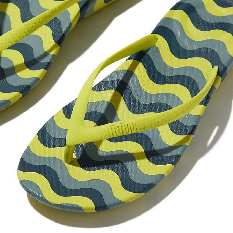 Light Green Women's FitFlop Iqushion Wave Print Ergonomic Flip Flops | 768DMLZTJ