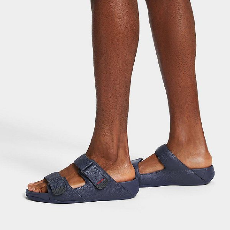 Navy Men's FitFlop Gogh-Moc Adjustable Leather Slides | 052HIMWXA