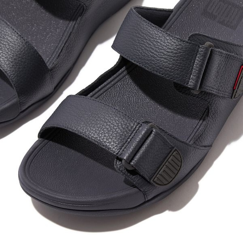 Navy Men's FitFlop Gogh-Moc Adjustable Leather Slides | 052HIMWXA