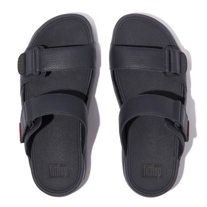 Navy Men's FitFlop Gogh-Moc Adjustable Leather Slides | 052HIMWXA