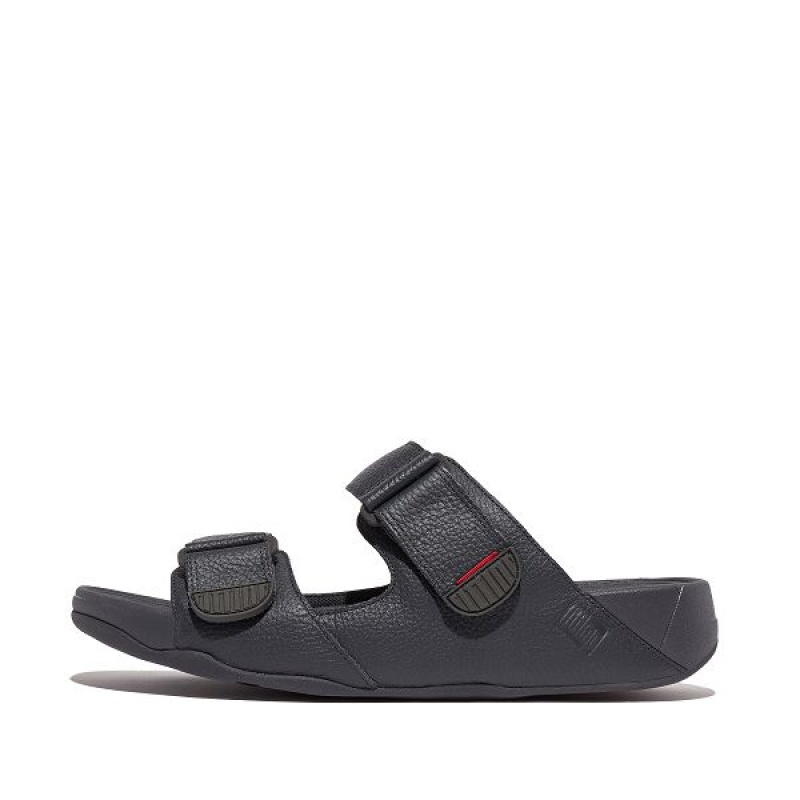 Navy Men\'s FitFlop Gogh-Moc Adjustable Leather Slides | 052HIMWXA