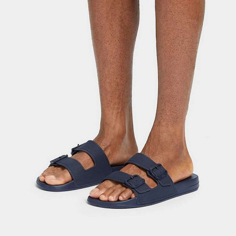 Navy Men's FitFlop Iqushion Iqushion Two Bar Buckle Slides | 849YIKRQO