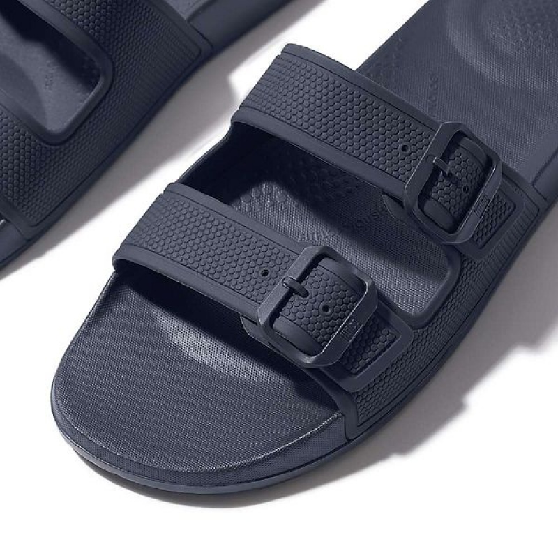 Navy Men's FitFlop Iqushion Iqushion Two Bar Buckle Slides | 849YIKRQO