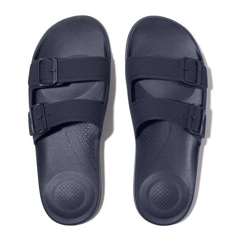 Navy Men's FitFlop Iqushion Iqushion Two Bar Buckle Slides | 849YIKRQO