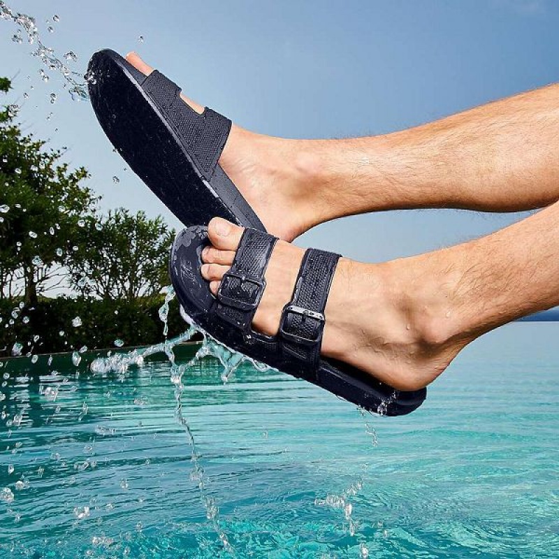 Navy Men's FitFlop Iqushion Iqushion Two Bar Buckle Slides | 849YIKRQO