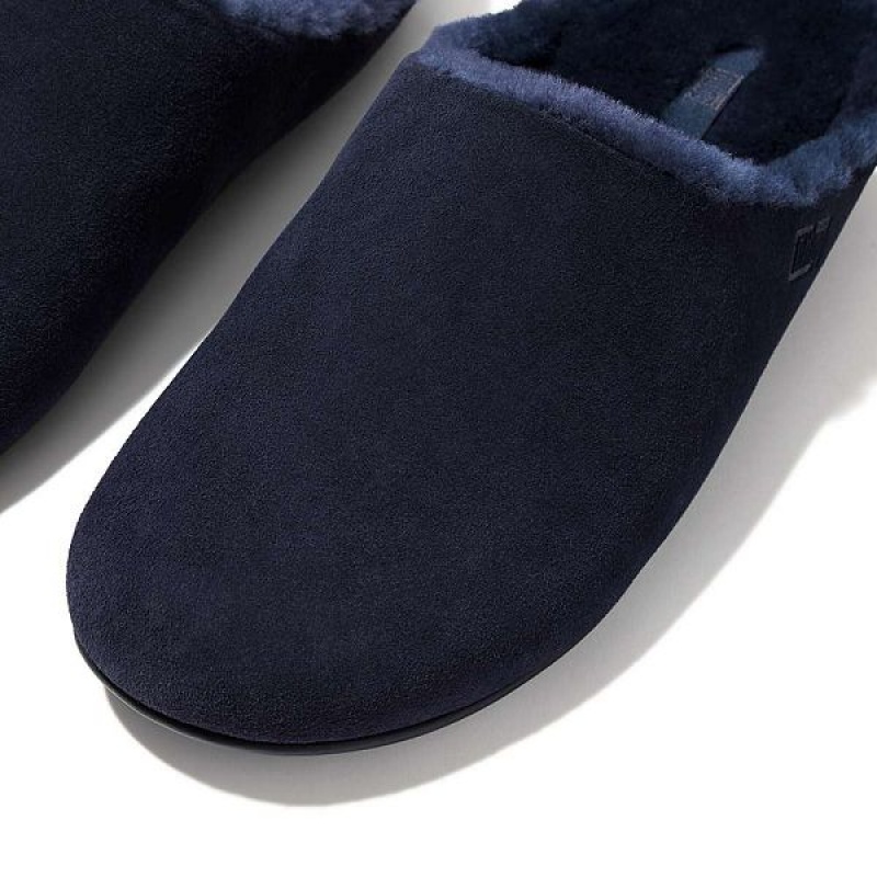 Navy Men's FitFlop Shove Shearling Lined Suede Slippers | 891NSREAK