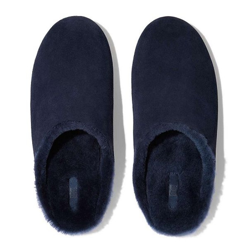 Navy Men's FitFlop Shove Shearling Lined Suede Slippers | 891NSREAK