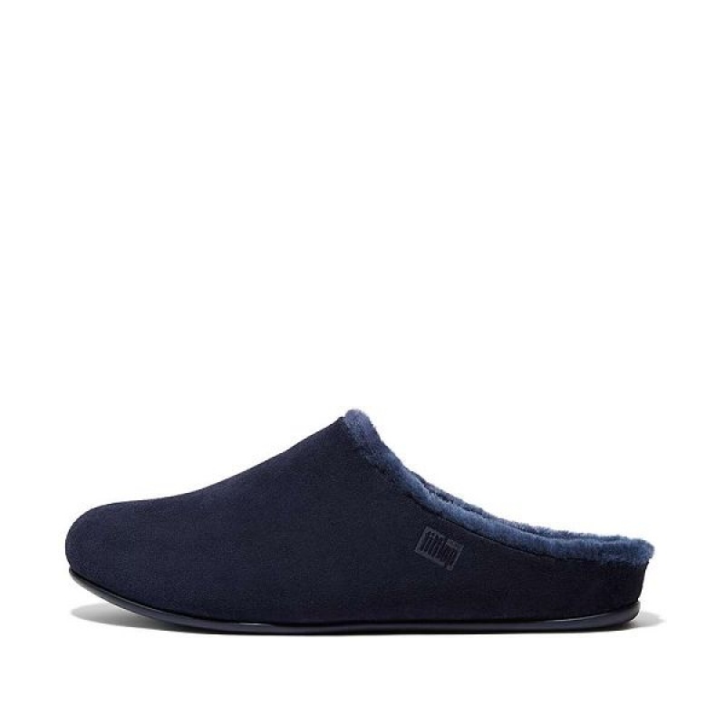 Navy Men\'s FitFlop Shove Shearling Lined Suede Slippers | 891NSREAK