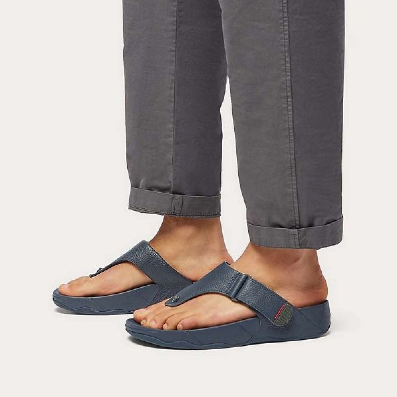 Navy Men's FitFlop Trakk Ii Leather Toe-Post Sandals | 892SCNRPI