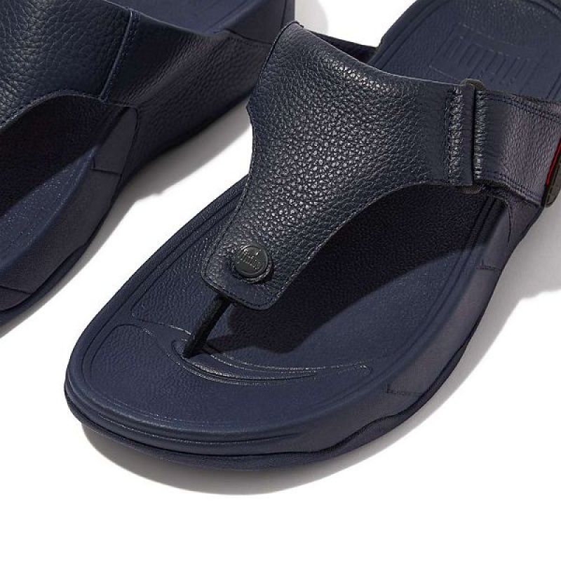 Navy Men's FitFlop Trakk Ii Leather Toe-Post Sandals | 892SCNRPI