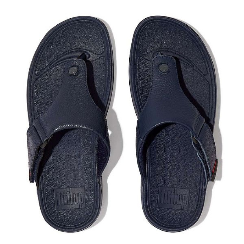 Navy Men's FitFlop Trakk Ii Leather Toe-Post Sandals | 892SCNRPI