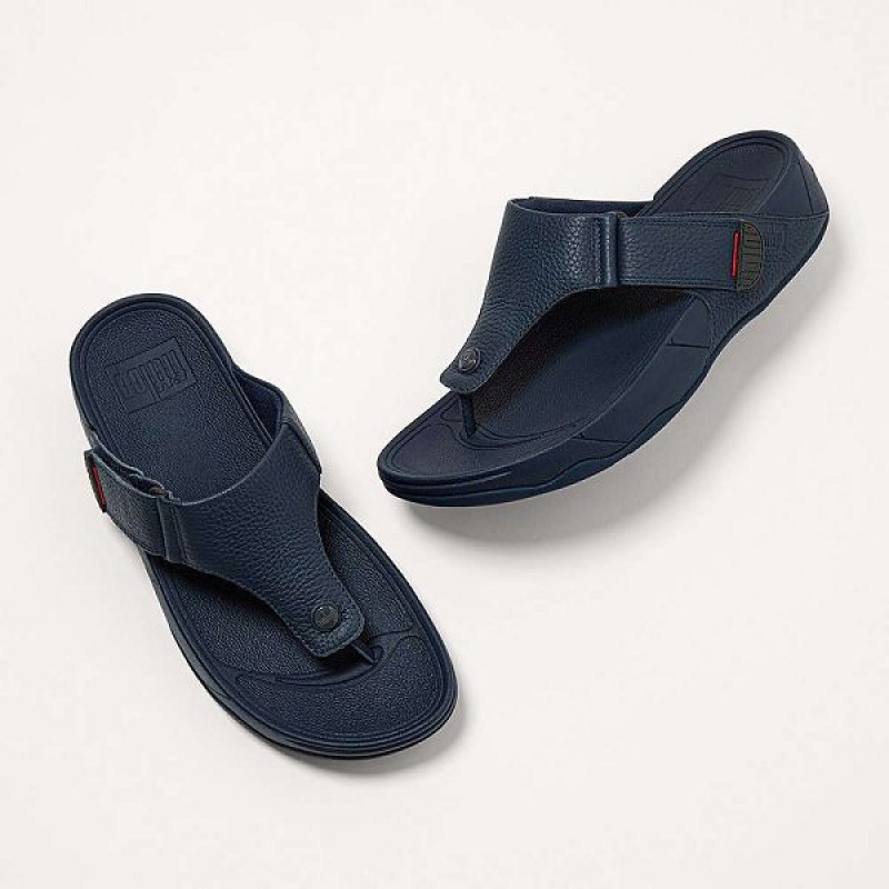 Navy Men's FitFlop Trakk Ii Leather Toe-Post Sandals | 892SCNRPI