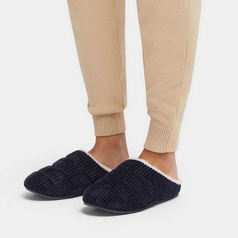 Navy Women's FitFlop Chrissie Biofleece Lined Corduroy Slippers | 432RAIMXQ