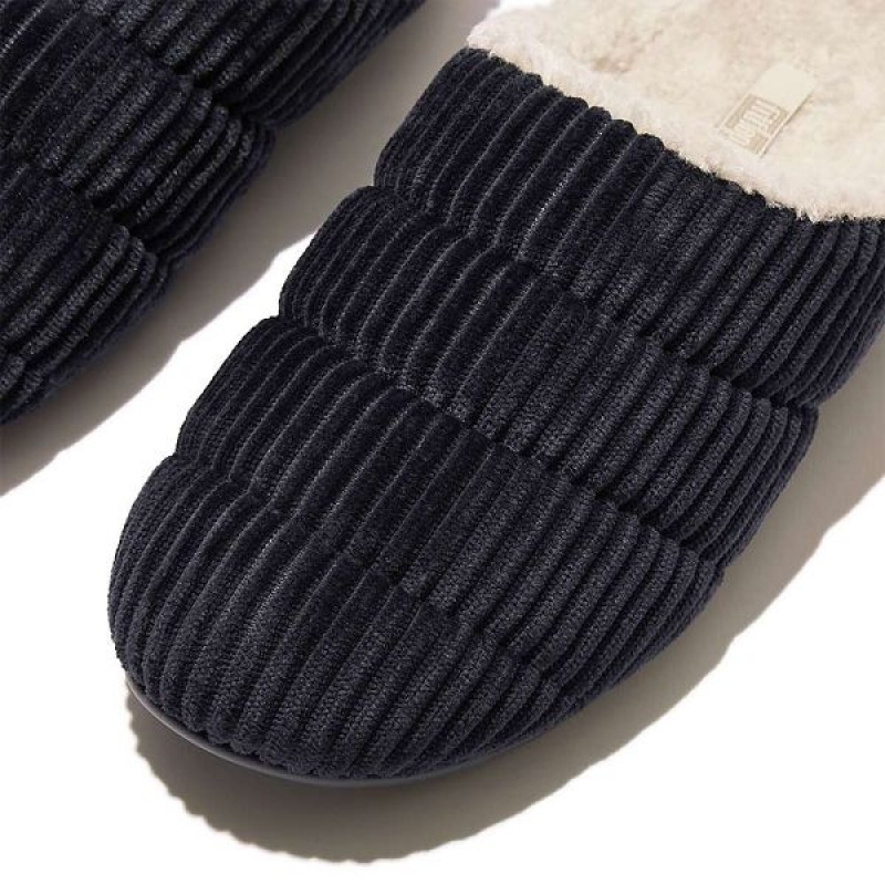 Navy Women's FitFlop Chrissie Biofleece Lined Corduroy Slippers | 432RAIMXQ