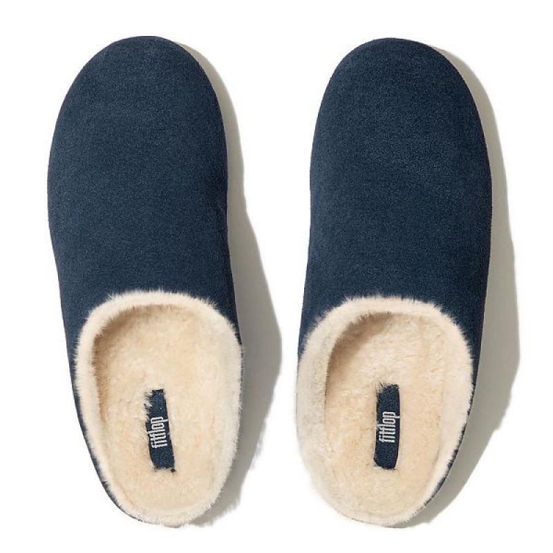 Navy Women's FitFlop Chrissie Shearling Suede Slippers | 568TWOZMI