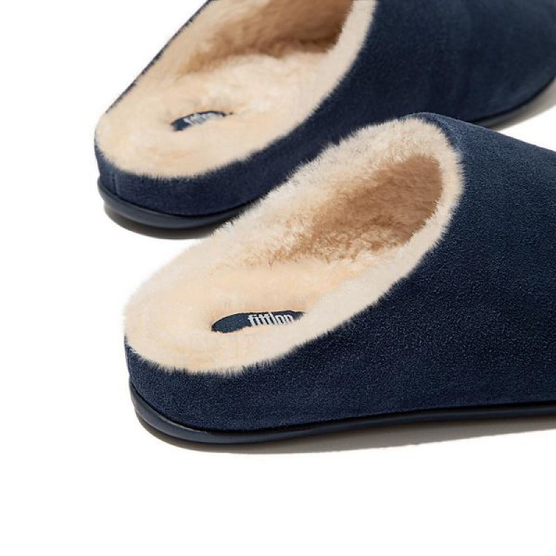 Navy Women's FitFlop Chrissie Shearling Suede Slippers | 568TWOZMI