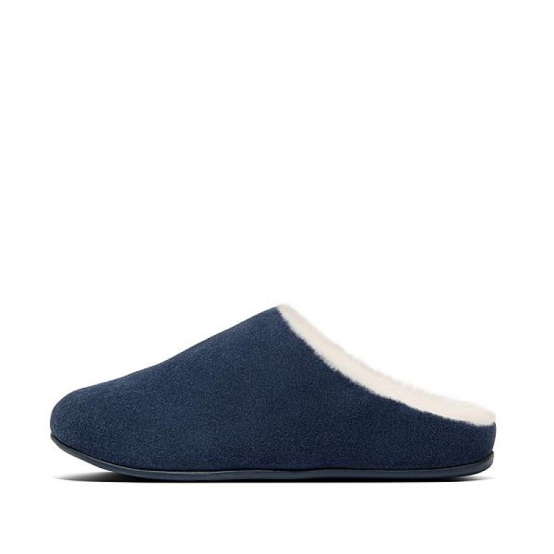 Navy Women\'s FitFlop Chrissie Shearling Suede Slippers | 568TWOZMI