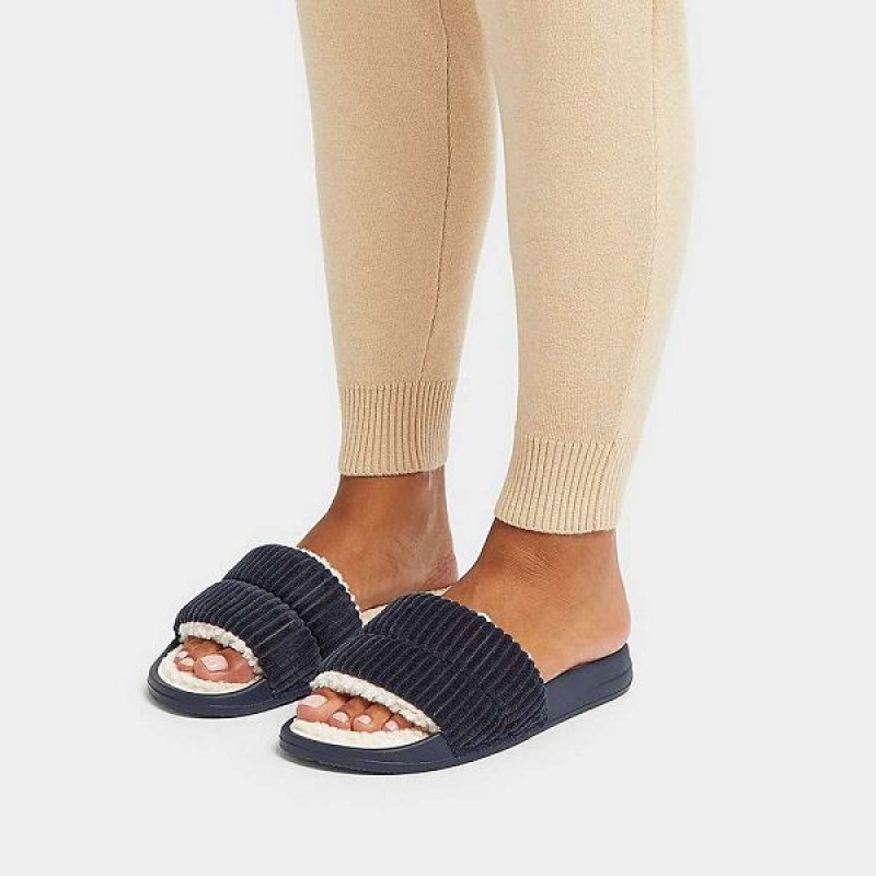 Navy Women's FitFlop Iqushion Biofleece Lined Corduroy Slides | 923NSTPYE