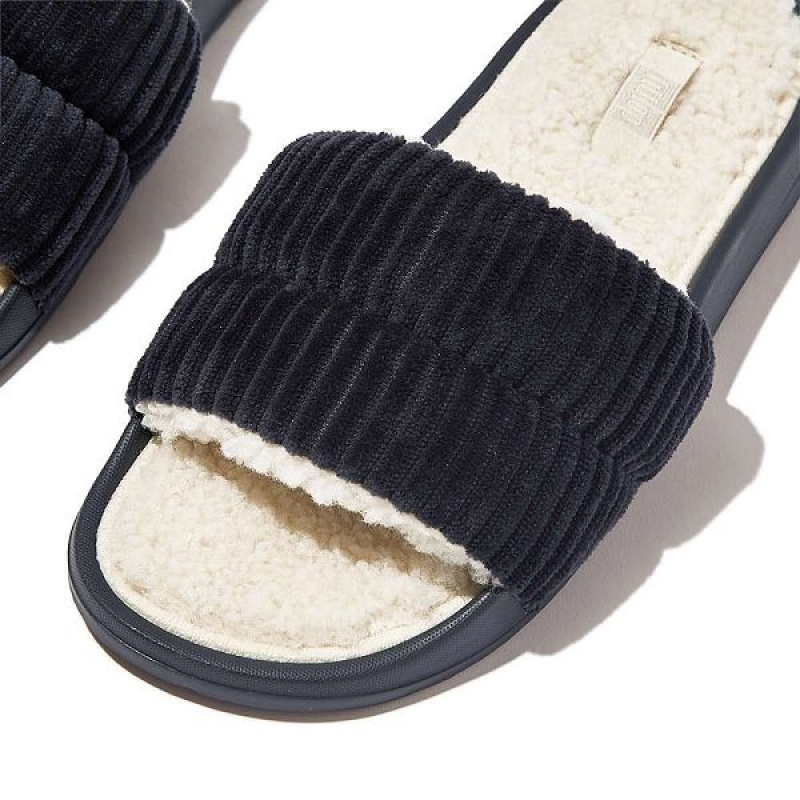 Navy Women's FitFlop Iqushion Biofleece Lined Corduroy Slides | 923NSTPYE