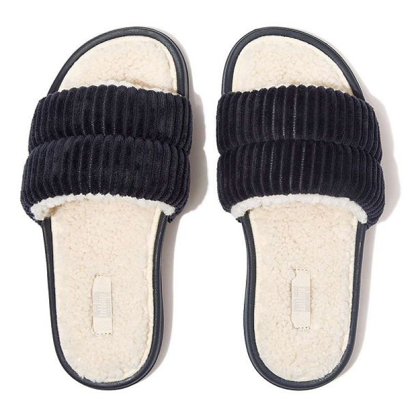 Navy Women's FitFlop Iqushion Biofleece Lined Corduroy Slides | 923NSTPYE