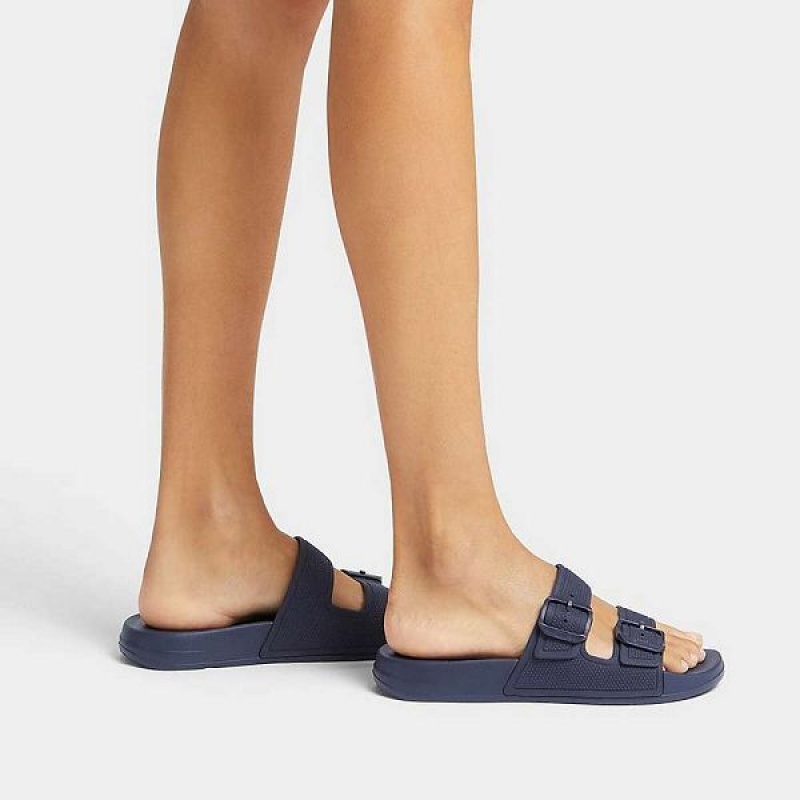 Navy Women's FitFlop Iqushion Two Bar Buckle Slides | 879JQOPAT