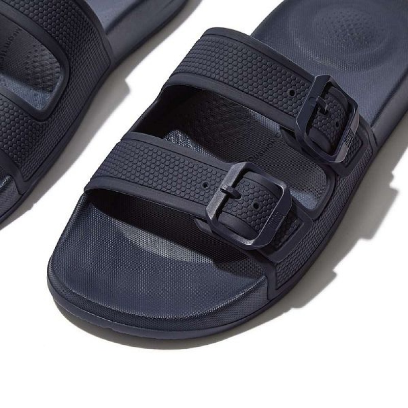 Navy Women's FitFlop Iqushion Two Bar Buckle Slides | 879JQOPAT