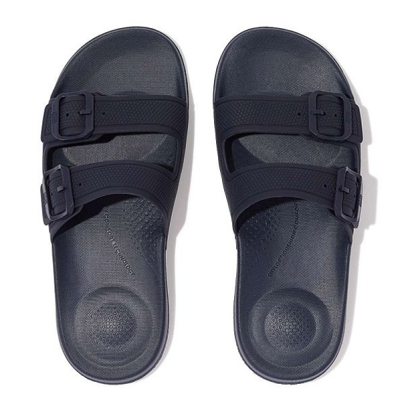 Navy Women's FitFlop Iqushion Two Bar Buckle Slides | 879JQOPAT