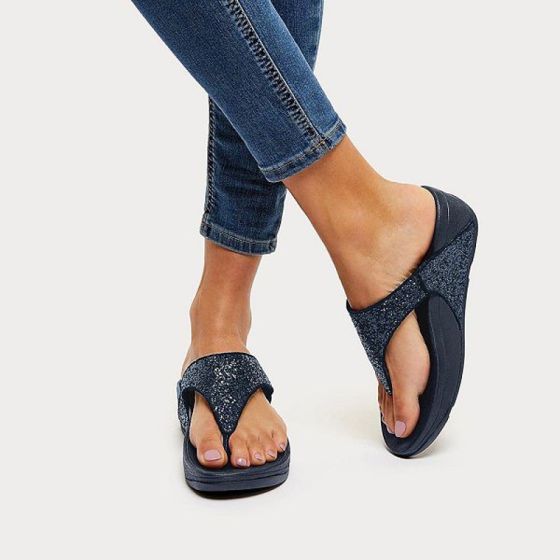 Navy Women's FitFlop Lulu Glitter Toe-Post Sandals | 214DATZKN