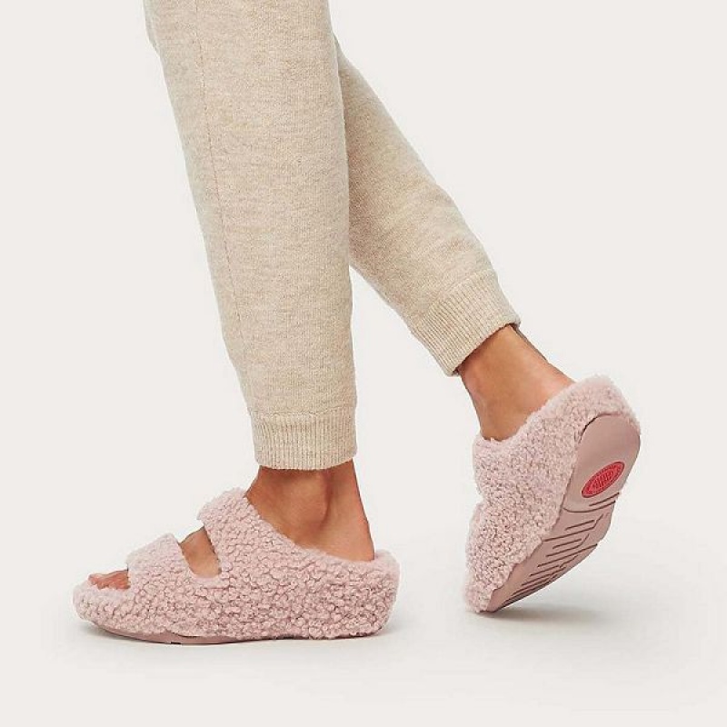 Pink Women's FitFlop Shuv Two Bar Shearling Slides | 902IPNXDM