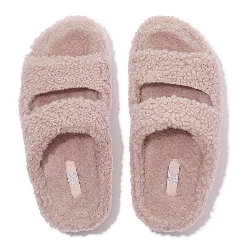 Pink Women's FitFlop Shuv Two Bar Shearling Slides | 902IPNXDM