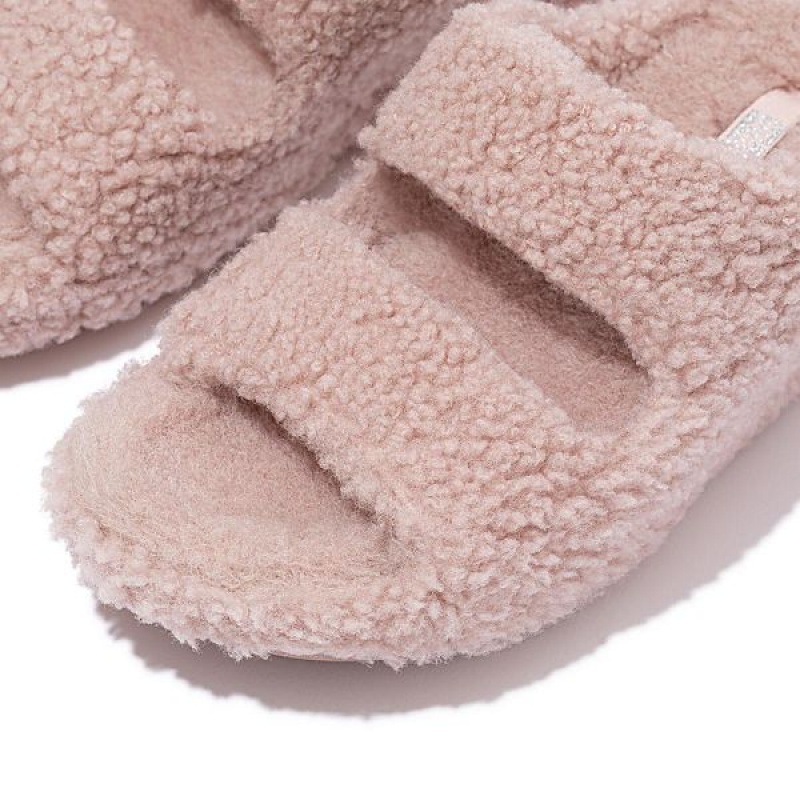 Pink Women's FitFlop Shuv Two Bar Shearling Slides | 902IPNXDM