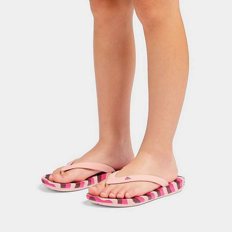 Pink / Light Blue Kids' FitFlop Iqushion Junior Wave Print Ergonomic Flip Flops | 182QXZSIW