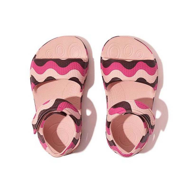 Pink / Light Blue Kids' FitFlop Iqushion Toddler Wave Print Ergonomic Back-Strap Sandals | 812DPKALZ