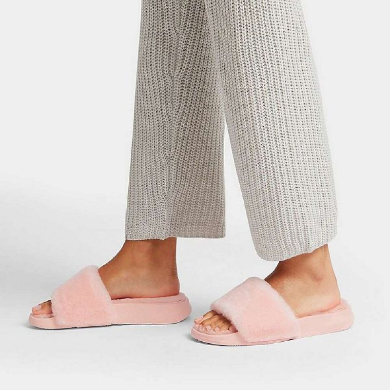 Pink / Light Blue Women's FitFlop Iqushion Shearling Slides | 418NCZMVY