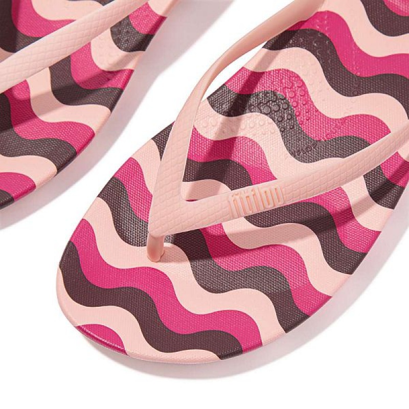 Pink / Light Blue Women's FitFlop Iqushion Wave Print Ergonomic Flip Flops | 572ZIBAJH