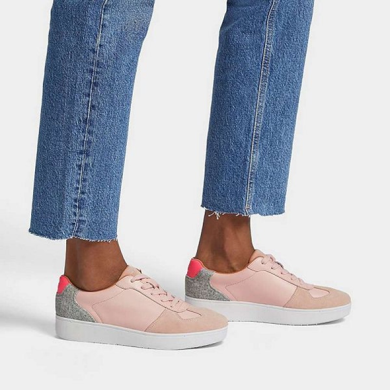 Pink / Light Blue / Grey Women's FitFlop Rally Leather Felt Panel Sneakers | 062SMEUQY