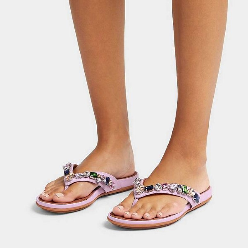 Purple Women's FitFlop Gracie Jewel Deluxe Leather Flip Flops | 427CKSNAJ