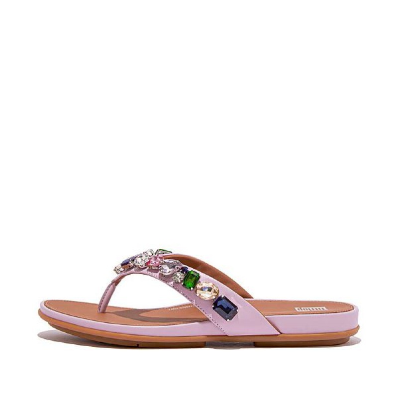 Purple Women\'s FitFlop Gracie Jewel Deluxe Leather Flip Flops | 427CKSNAJ