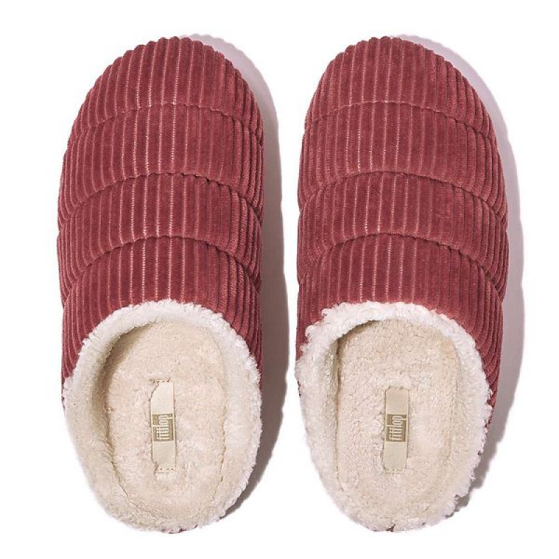 Red Women's FitFlop Chrissie Biofleece Lined Corduroy Slippers | 842CYZHDW