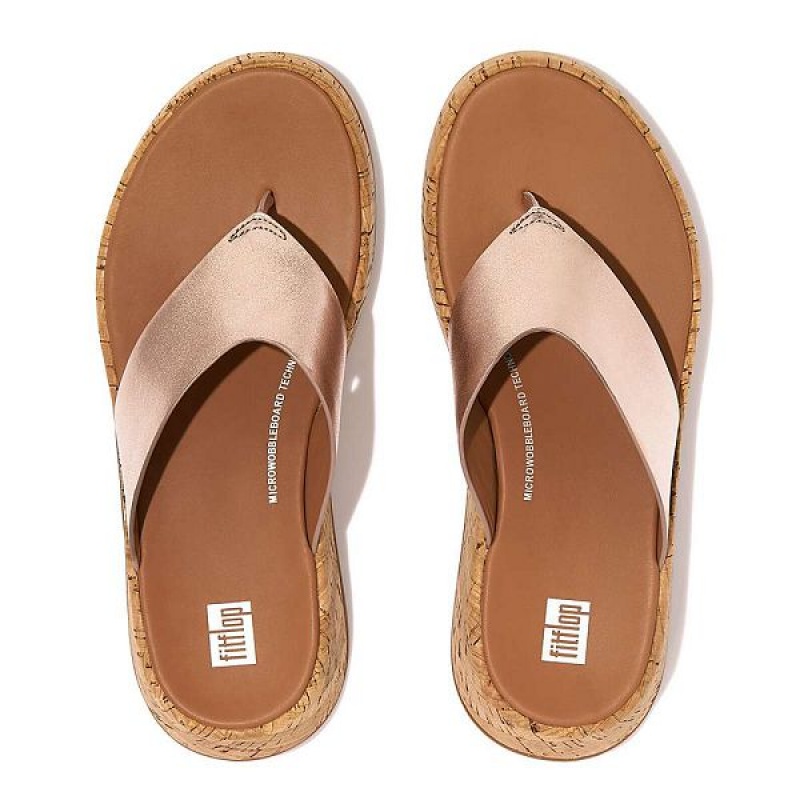 Rose Gold Women's FitFlop F-Mode Metallic Leather Cork Flatform Toe-Post Sandals | 326CTNREX