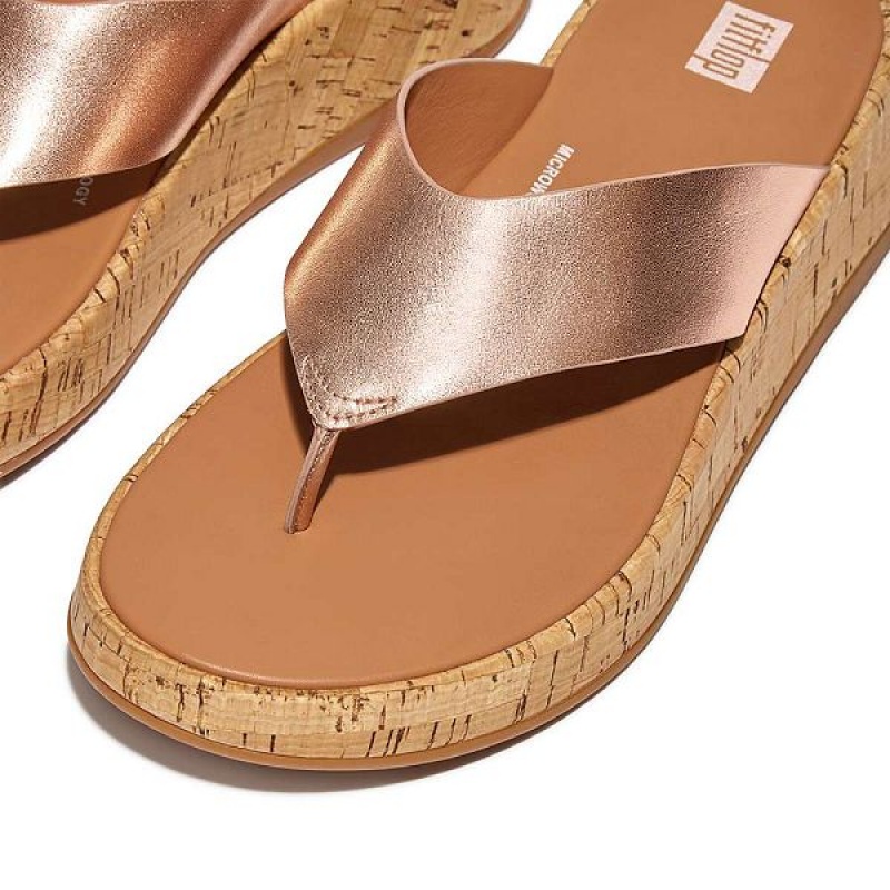 Rose Gold Women's FitFlop F-Mode Metallic Leather Cork Flatform Toe-Post Sandals | 326CTNREX