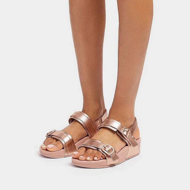 Rose Gold Women's FitFlop Lulu Adjustable Buckle Metallic Leather Back-Strap Sandals | 457PCDLEZ