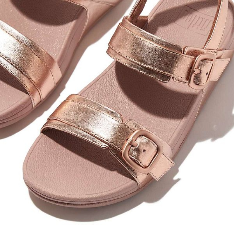 Rose Gold Women's FitFlop Lulu Adjustable Buckle Metallic Leather Back-Strap Sandals | 457PCDLEZ