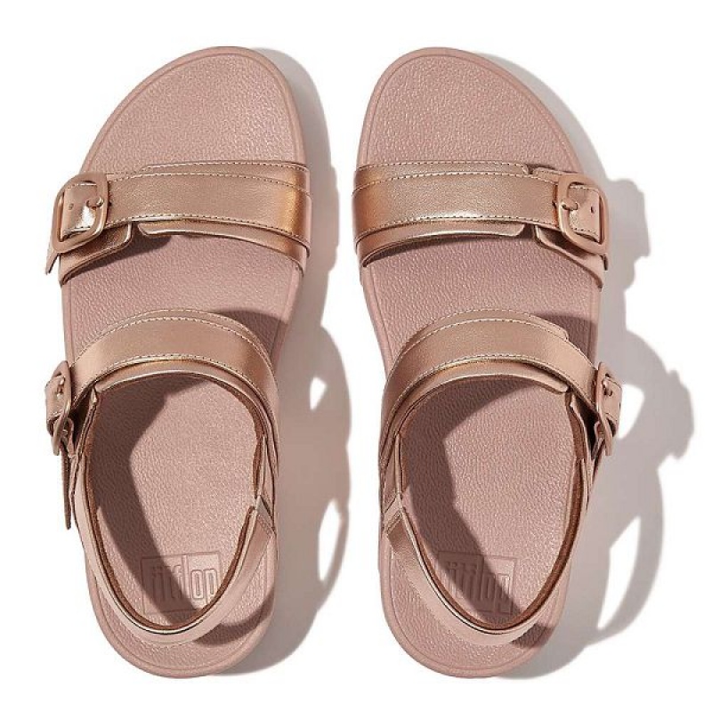 Rose Gold Women's FitFlop Lulu Adjustable Buckle Metallic Leather Back-Strap Sandals | 457PCDLEZ