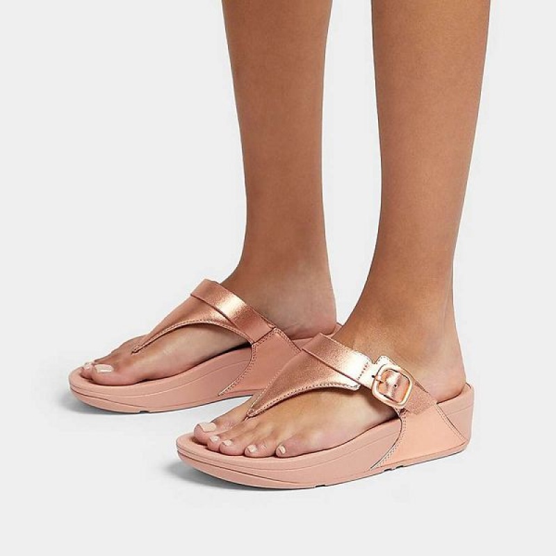 Rose Gold Women's FitFlop Lulu Adjustable Leather Toe-Posts Sandals | 896OIQGNW