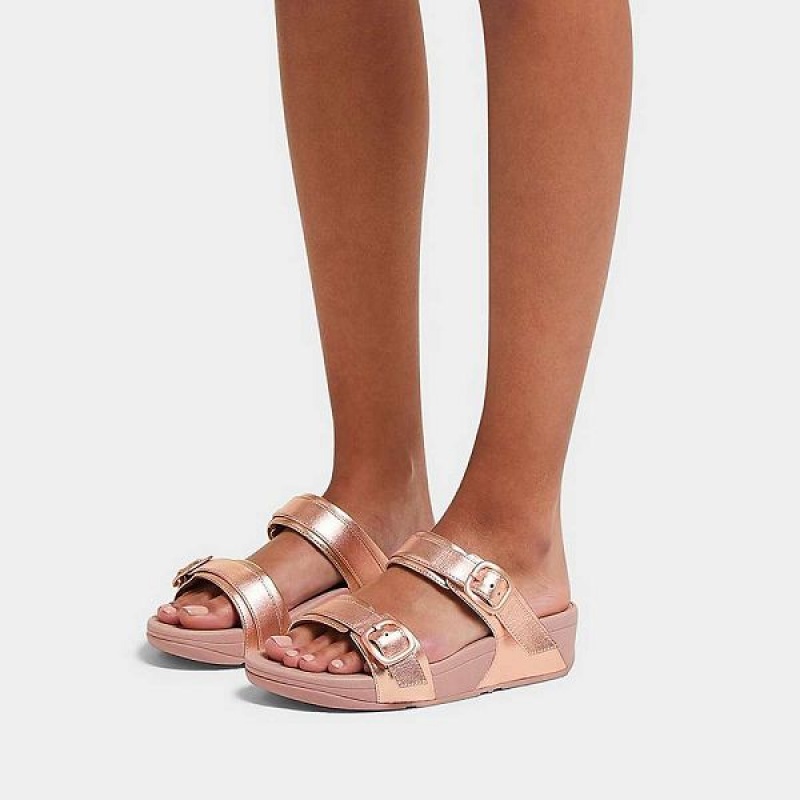 Rose Gold Women's FitFlop Lulu Adjustable Buckle Metallic Leather Slides | 287XIPDSF