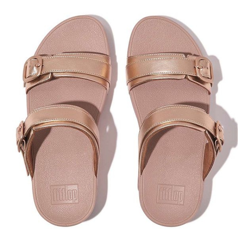 Rose Gold Women's FitFlop Lulu Adjustable Buckle Metallic Leather Slides | 287XIPDSF